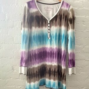 PJ Salvage Long Sleeve Waffle Knit Henley Sleep Shirt Loungewear Brown Blue M